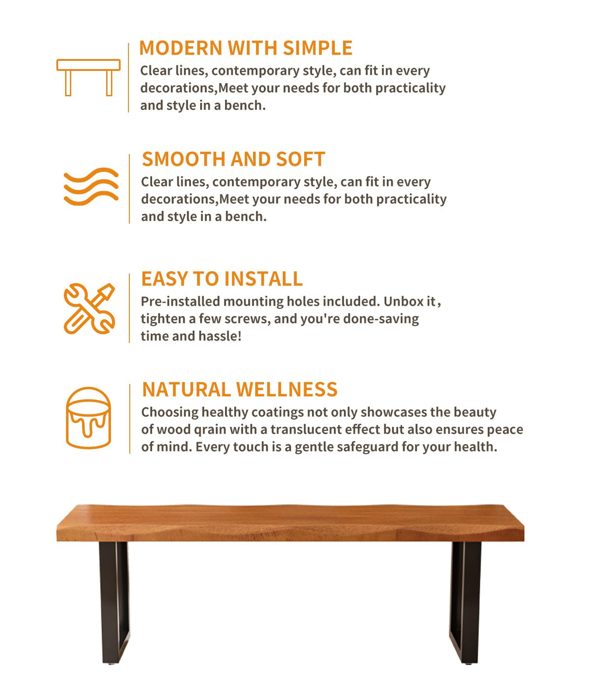 FKCSV Modern Rustic Solid Wood Bench with Black Metal Legs, Industrial Farmhouse Style, Natural Wood Finish FKCSV