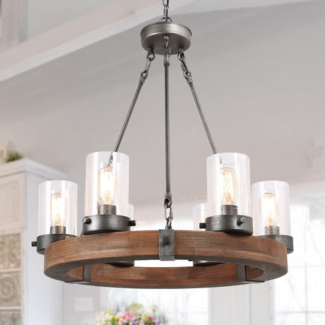 LNC Farmhouse Chandelier, Wood Round Wagon Wheel 6-Light Fixture with Seeded Glass Shades for Dining & Living Room, Bedroom, Kitchen and Foyer LNC