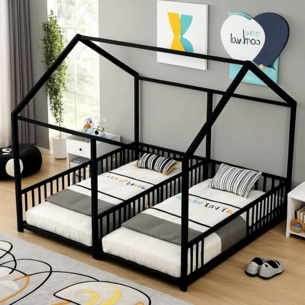 PVWIIK Double Montessori Floor Bed with Fence & Roof for Two Kids Teens Boys Girls,Twin Floor Bed,Easy Assemble,No Box Spring Needed, Black PVWIIK