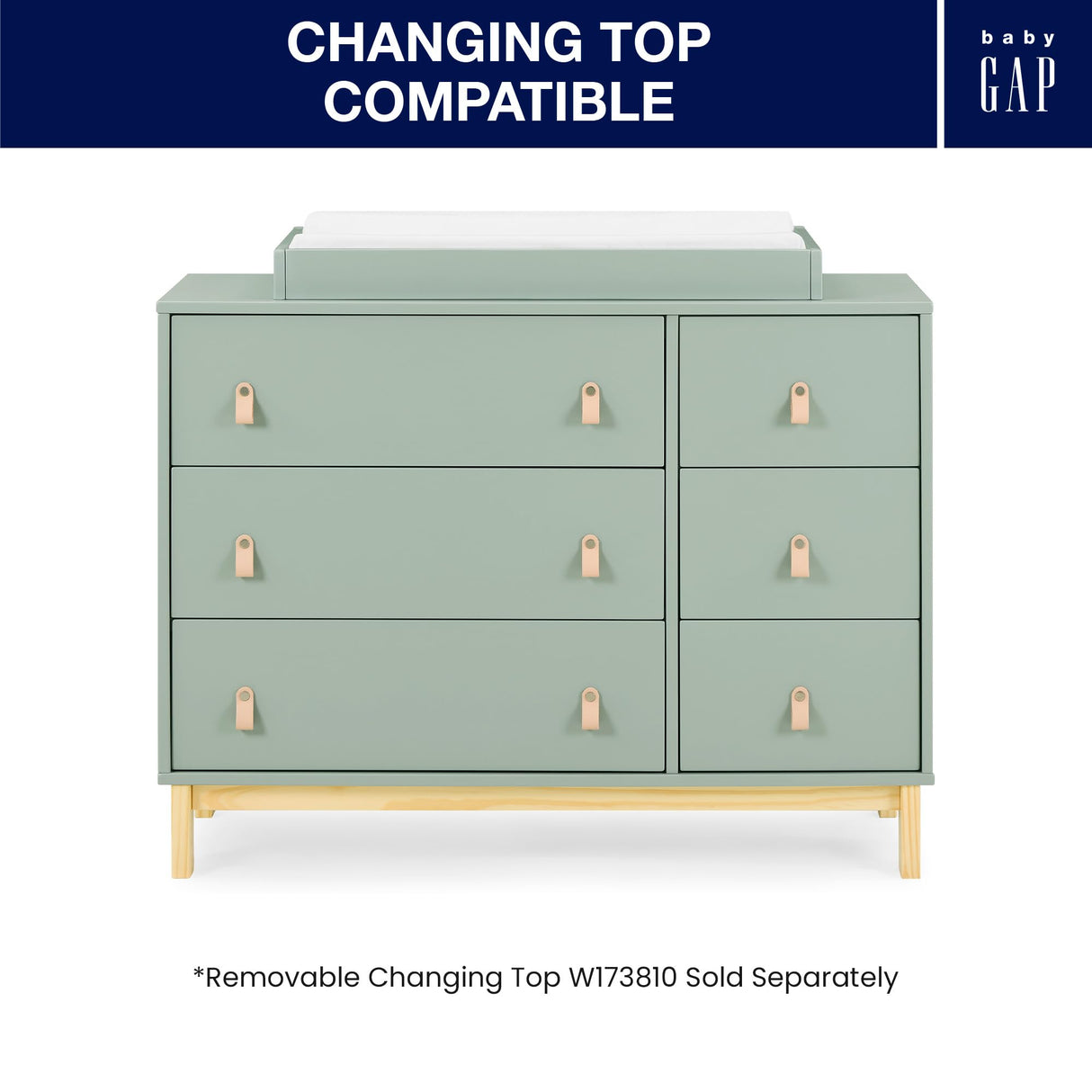 babyGap Legacy 6 Drawer Dresser with Leather Pulls and Interlocking Drawers by Delta Children - Greenguard Gold Certified, Sage Green w/Natural Delta Children