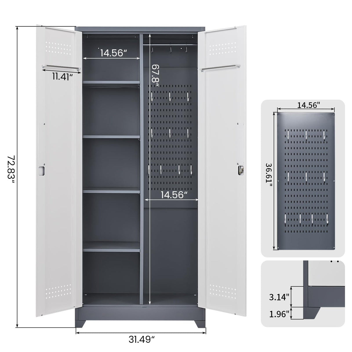 72.8"H Broom Closet Storage Cabinet, Utility Closet for Brooms and Mops, Cleaning Metal Storage Cabinet with Pegboard and Hanging Rod, Metal Cabinet with Doors and Adjustable Shelves，Garage，Grey-White SAFEFEVER