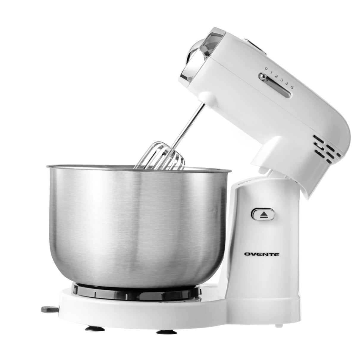 OVENTE Electric Kitchen Stand Mixer with 3.5-Quart Removable Stainless Steel Mixing Bowl, 5 Speed Control, 250-Watt Power, 2 Blender Attachment Egg Beater Whisk & Dough Hook White SM680W OVENTE
