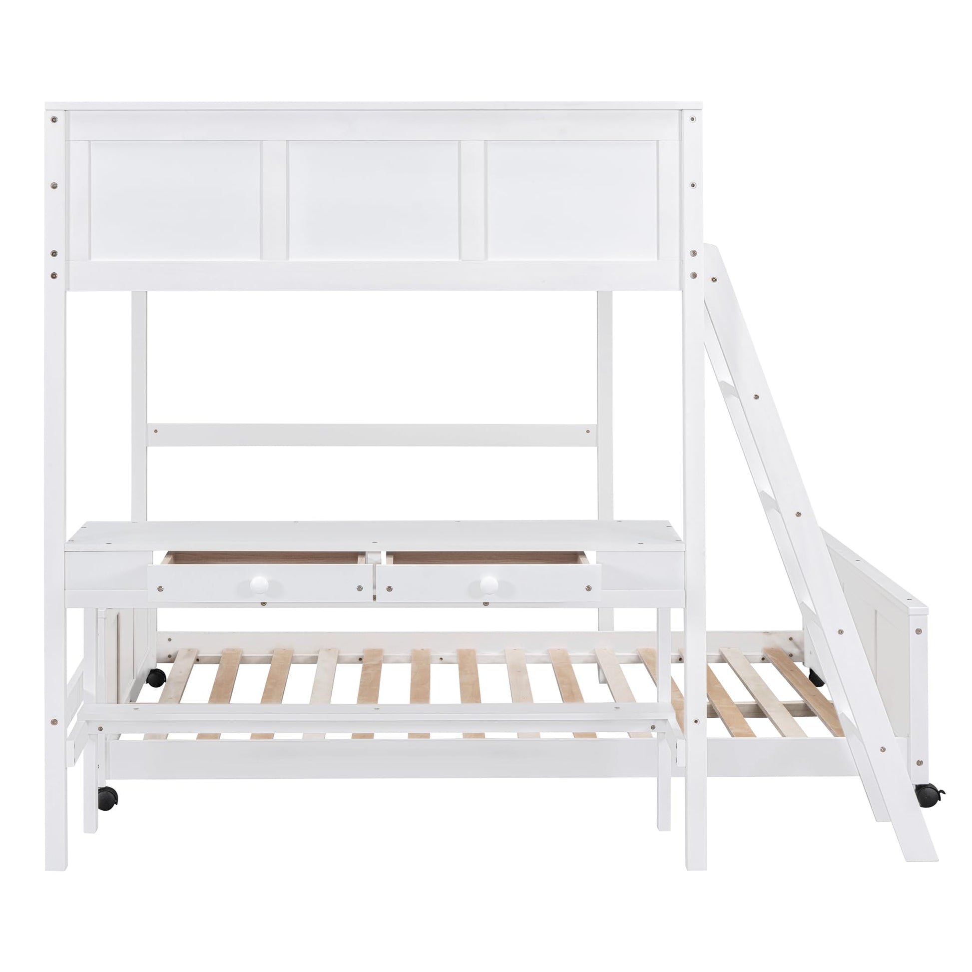 Bellemave Full Over Full Loft Bed with Desk and Storage Drawers in White - WoodArtSupply