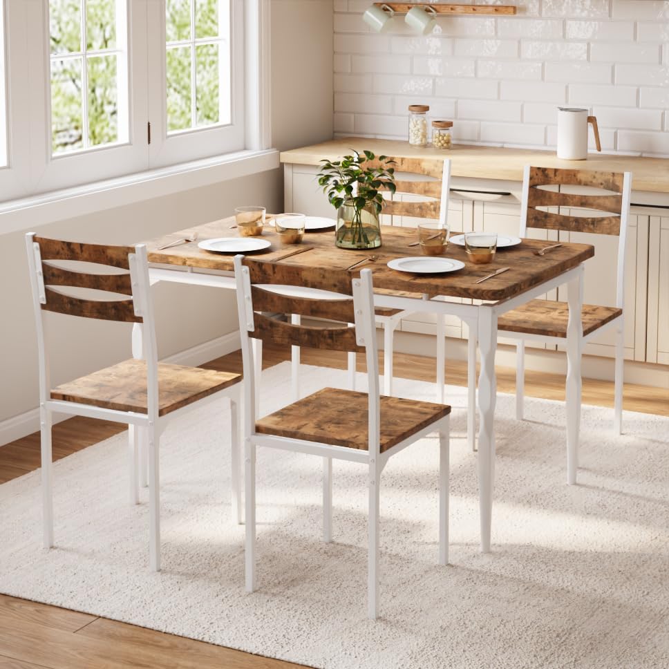 GarveeHome 5 Piece Dining Table Set, Industrial Style Dining Table and Chairs Set for 4, Kitchen Table Set for Dining Room Kitchen Apartment, White Brown GarveeHome