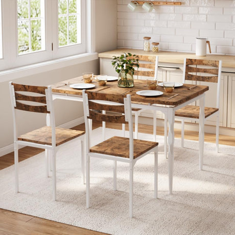 GarveeHome 5 Piece Dining Table Set, Industrial Style Dining Table and Chairs Set for 4, Kitchen Table Set for Dining Room Kitchen Apartment, White Brown GarveeHome