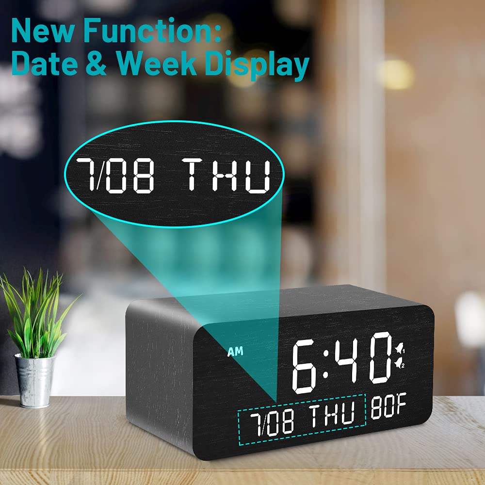 Andoolex Wooden Digital Alarm Clock with Wireless Charging, 0-100% Adjustable Brightness Dimmer and Alarm Volume, Weekday/Weekend Mode, Dual Alarm, Snooze, 12/24H, Wood LED Clock for Bedroom (Black) Andoolex