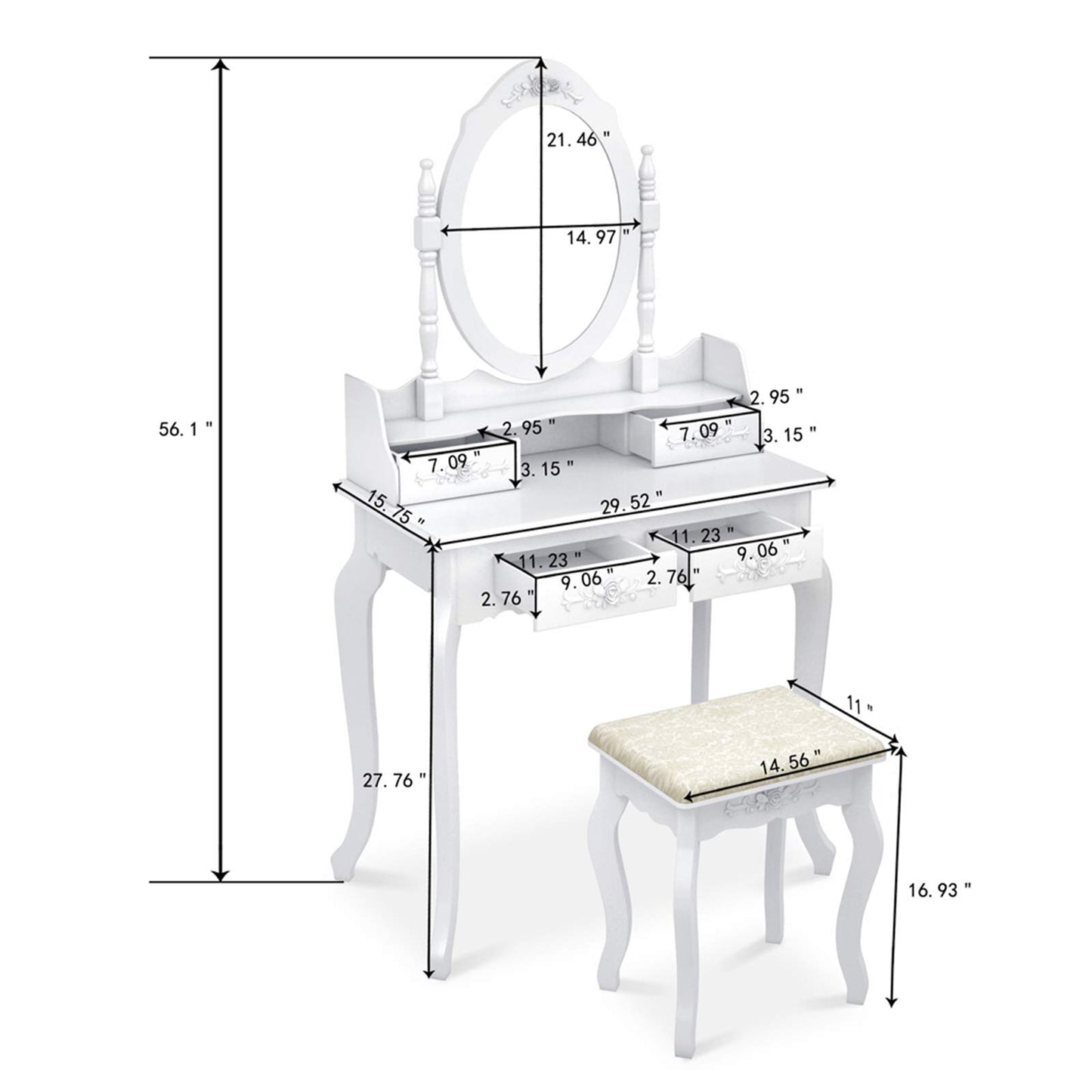 Vanity Table Set, 4 Drawers Makeup Table with Oval Mirror & Stool, Bedroom Wood Dressing Table White - WoodArtSupply