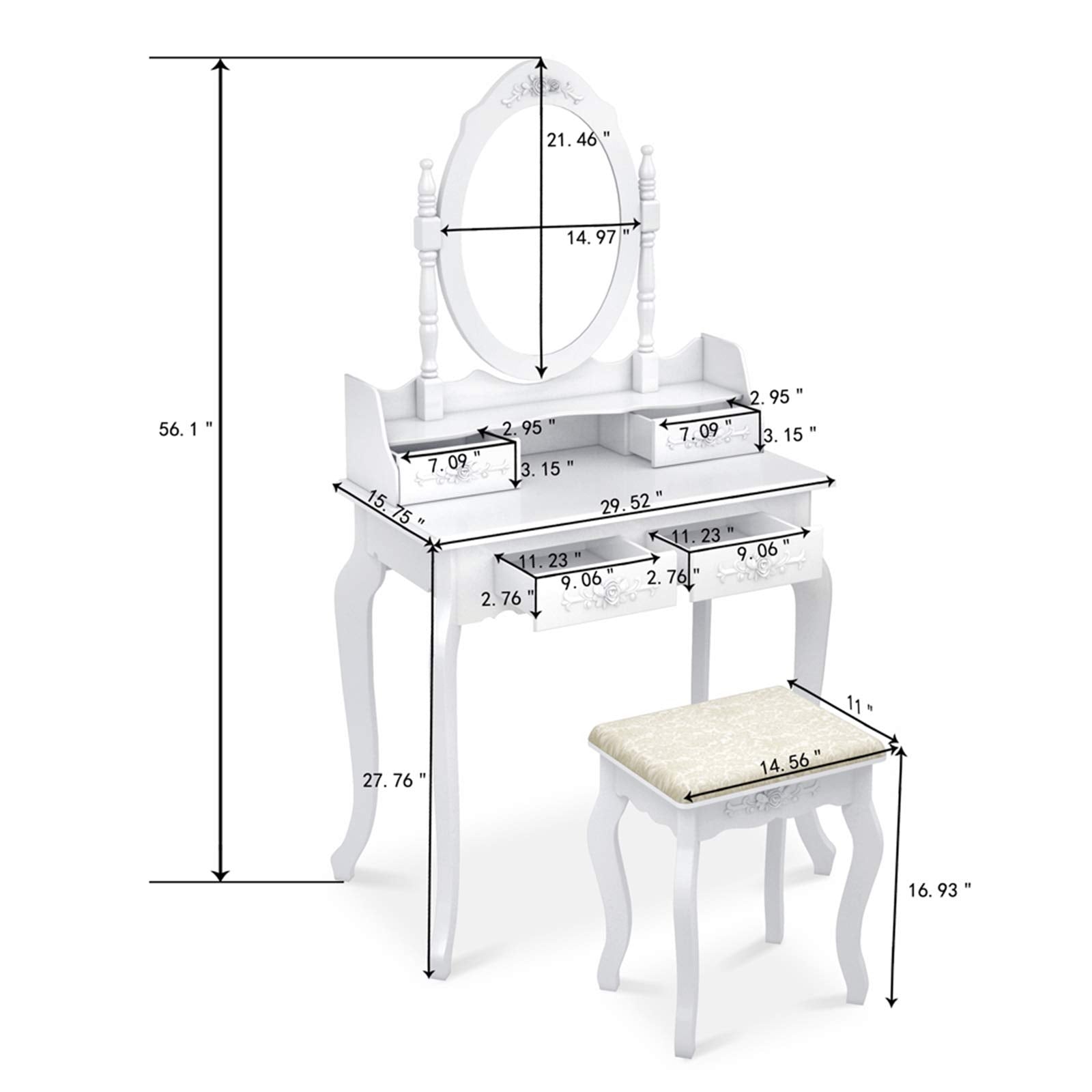 Vanity Table Set, 4 Drawers Makeup Table with Oval Mirror & Stool, Bedroom Wood Dressing Table White - WoodArtSupply