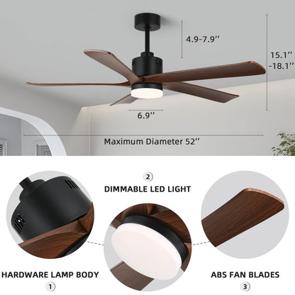 YYEHON 52 Inch Ceiling Fans with Lights and Remote&APP Control,Dimmable,DC Reversible Motor with 5 Wood Colored Blades Ceiling Fan for Living Room,Patio,Bedroom,Farmhouse,Indoor Office