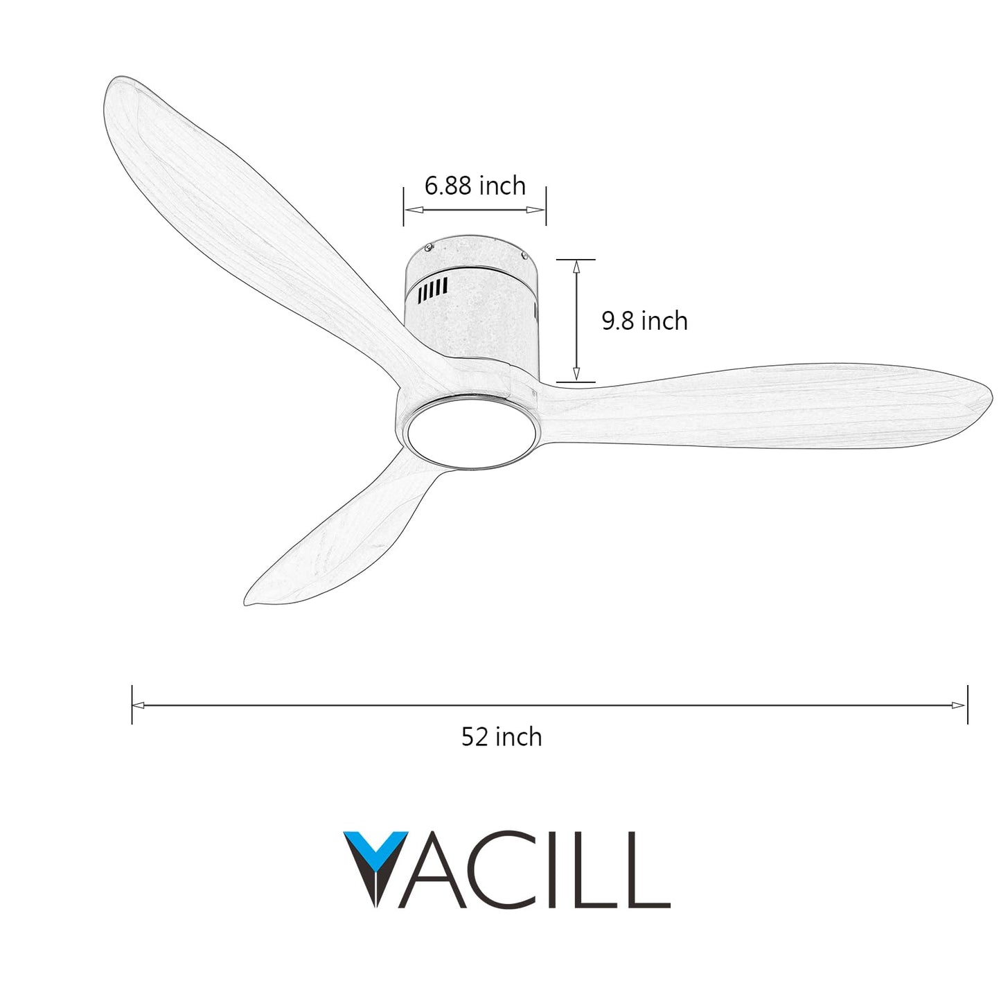 VACILL Flush Mount Ceiling Fan with Light,Low Profile Ceiling Fan,Wooden Fan Blades,6 Speed,LED Dimmable,DC Motor,52 inch,Natural Wood Blade - WoodArtSupply