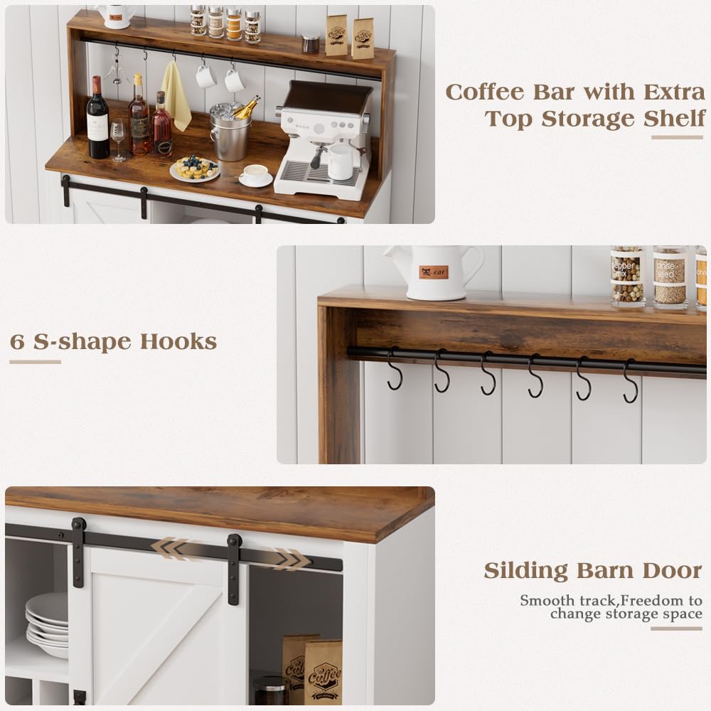 SYESWAY 47" Farmhouse Coffee Bar Cabinet with Sliding Barn Doors, Wine Rack & Hooks in White