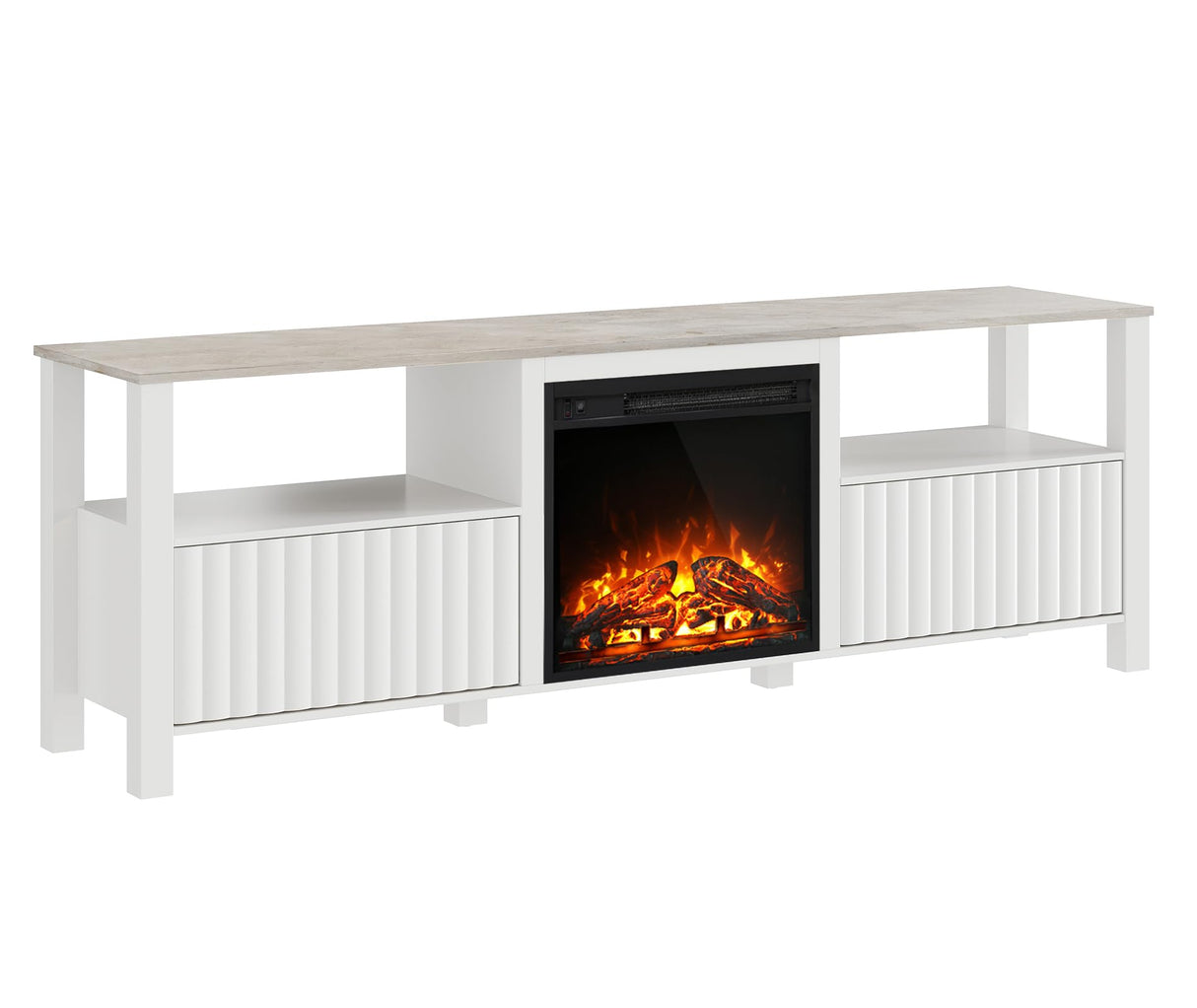 WAMPAT Fireplace TV Stand for 75 Inch TV, White Entertainment Center with LED Light, Modern TV Console Table for 80/70/65 inch TV with 4 Storages for Living Room, 70 Inch WAMPAT