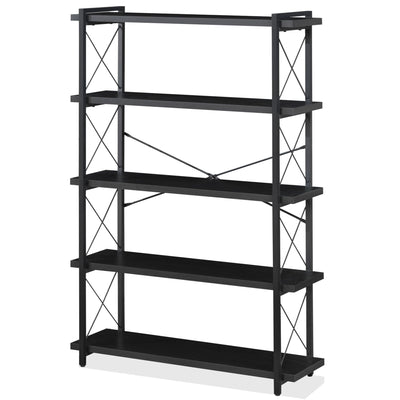 HCHQHS Bookshelf, 5-Tier Industrial Bookcase, Black Open Book Shelf, Freestanding Tall Bookshelves with Metal Frame