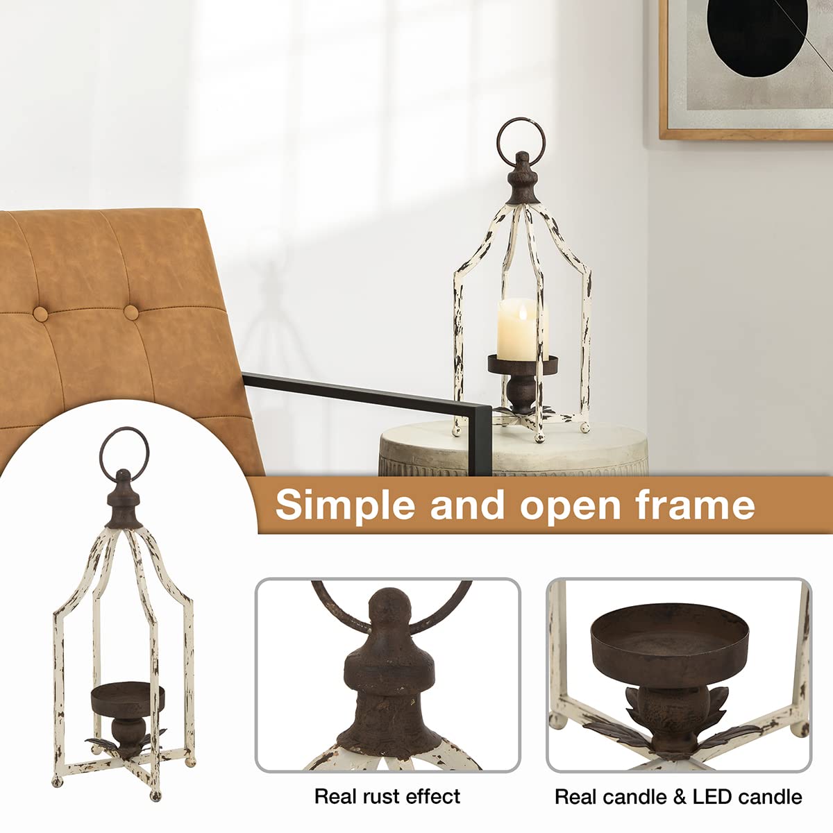 Glitzhome Farmhouse White Metal Lanterns Decorative Hanging Candle Lanterns (White Small) Glitzhome