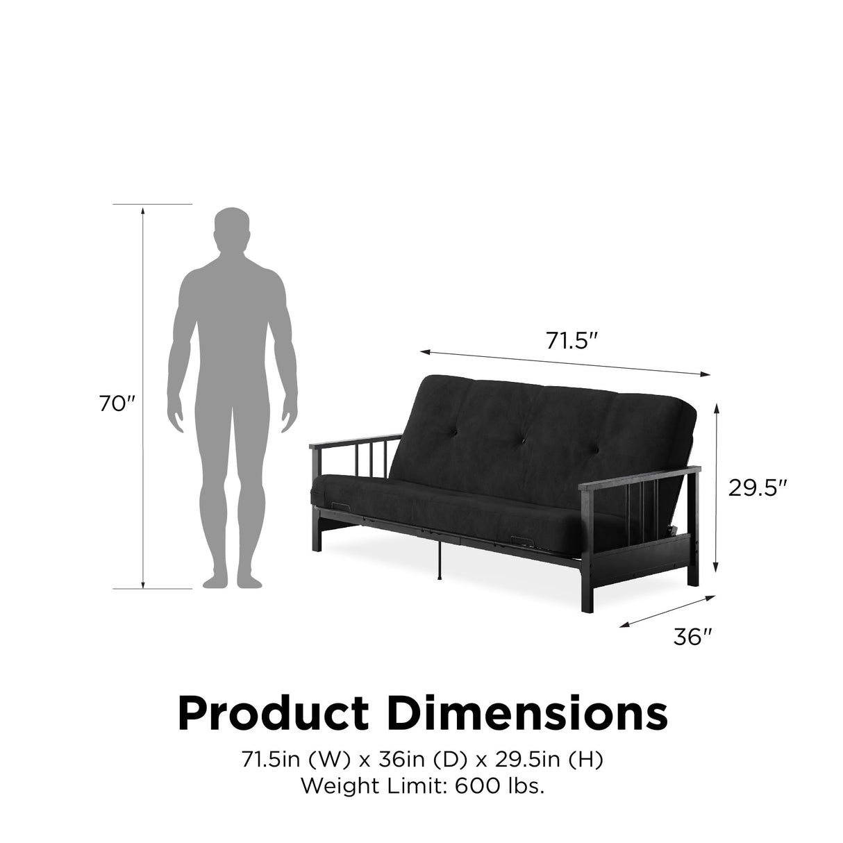 DHP Harlow Metal Arm Futon, Full Size Black Frame with 6" Grey Microfiber Mattress DHP