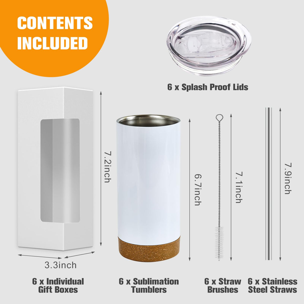 BetterSub 6 Packs 17oz Sublimation Cork Like Silcone Bottom Tumbler, Double Wall Insulated Stainless Steel Sublimation Blanks with Lid, Straw, Brush, Display Box for Office, Home BetterSub