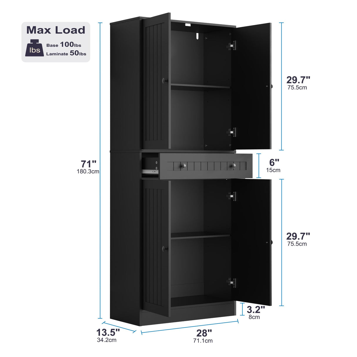 Furnify Kitchen Pantry Storage Cabinet, 71" H Farmhouse Pantry Cabinet with 4 Doors & Drawer, Freestanding Cupboard with Adjustable Shelves, Rustic Wood Cupboard for Kitchen, Dining Room, Black Furnify