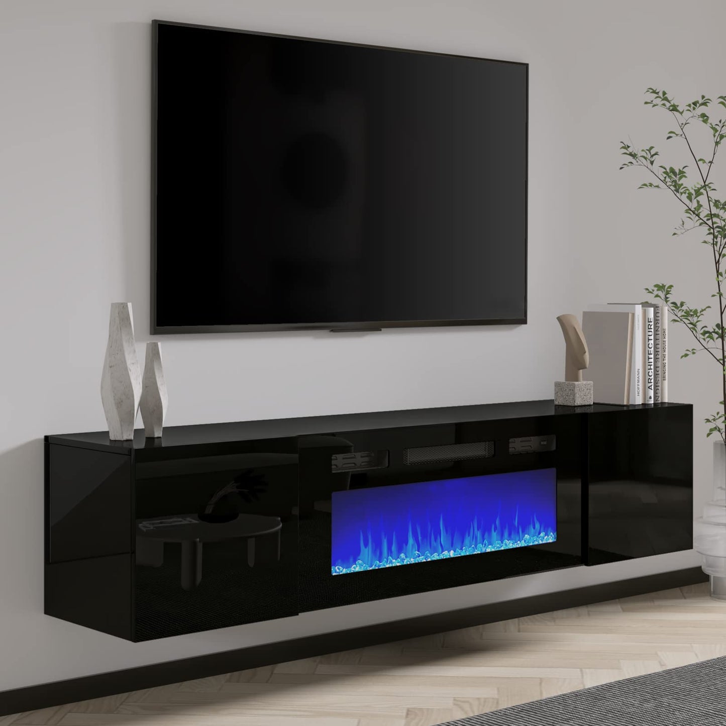 AMERLIFE Floating TV Stand with 36" Electric Fireplace, High Gloss Finish Wall Mounted Fireplace Entertainment Center with Storage for TVs Up to 78", Black