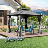 Domi 8x8FT Hardtop Gazebo, Outdoor Gazebo with Galvanized Steel Double Roof Canopy, Curtain and Netting, Metal Gazebo Pavilion for Patio, Lawn, Garden, Gray domi outdoor living