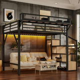 Full Loft Beds with Storage Beside Shelves and Wardrobe, Metal Loft Bed Full with LED Lights and USB Ports, Heavy-Duty Loft Bed Frame for Teens, Adults, Noise-Free & Space-Saving, Black Bellemave