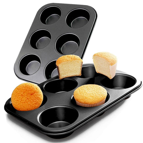 ASBAYSON 2 Packs Premium Steel Muffin Pan for Baking, Round Muffin Baking Pan, Baking Tray for Muffins, Cupcakes, Brownie(Black, 6 Cup) ASBAYSON
