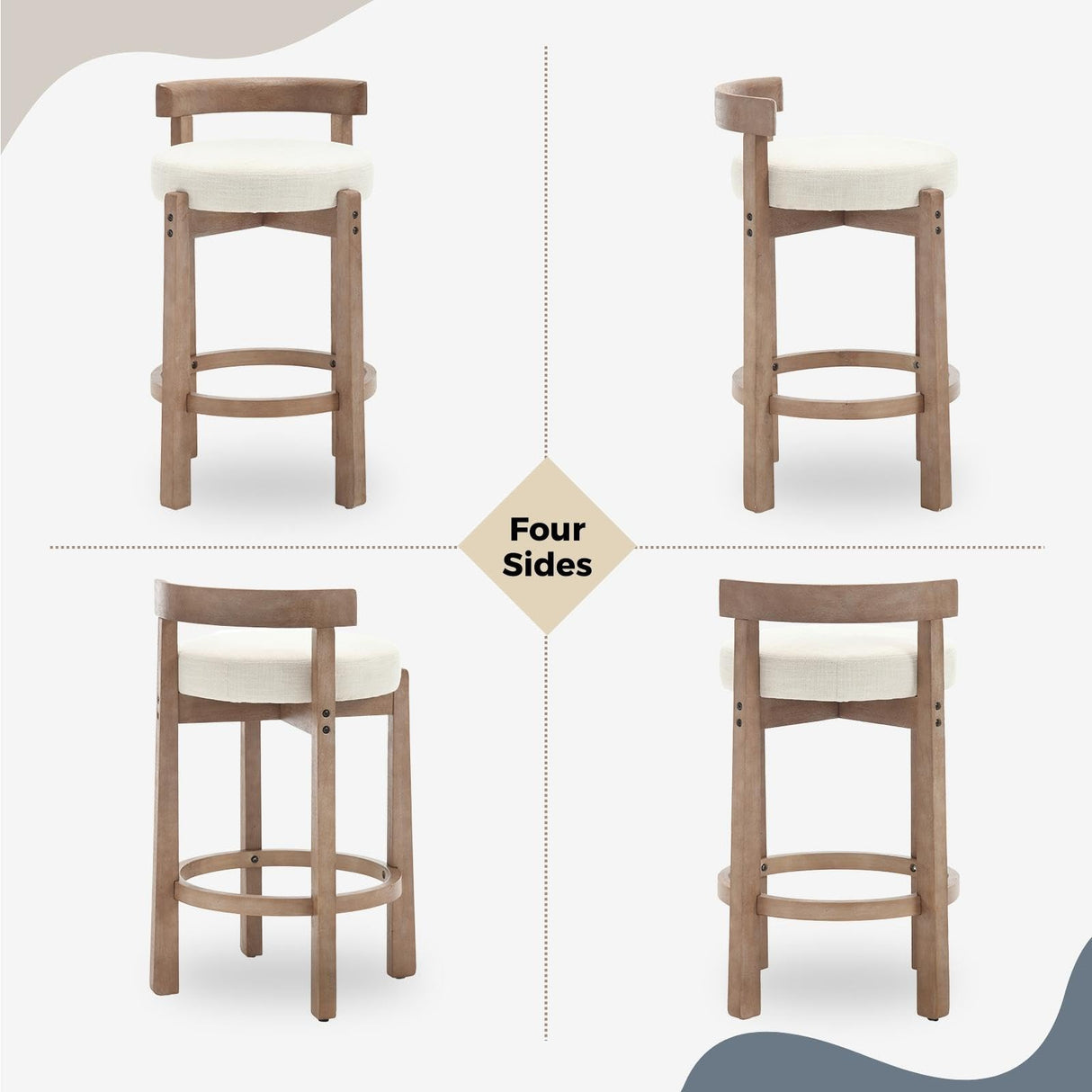 HEAH-YO Mid Century Modern Bar Stools Set of 2, 26.5" Counter Stools with Back, Linen Upholstered Barstools with Solid Wood Legs Bar Chairs for Kitchen Island Dining Room, Beige HEAH-YO