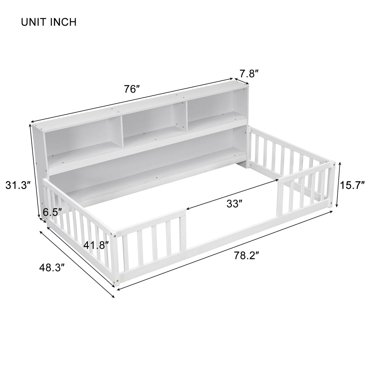Harper & Bright Designs Twin Floor Bed with Bedside Bookcase, Shelves, Guardrails, Wood Montessori Bed with Storage, White Harper & Bright Designs