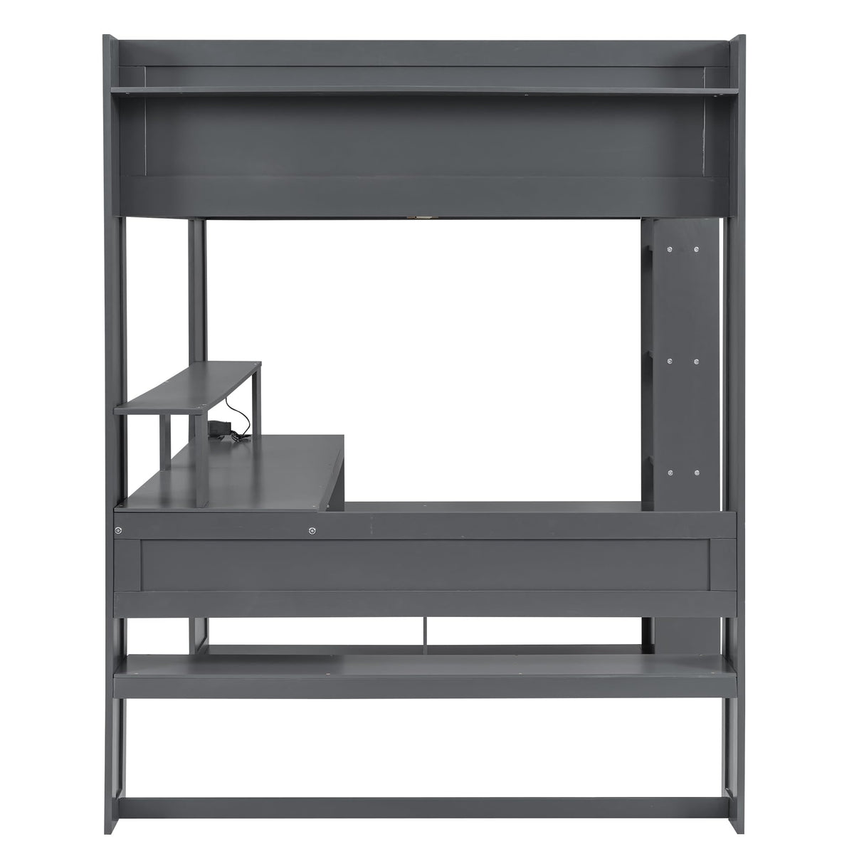 HZXINKEDZSW Full Size Wood Gaming Loft Bed with Desk, Storage Shelves, LED Lights, and Charging Station in Grey HZXINKEDZSW