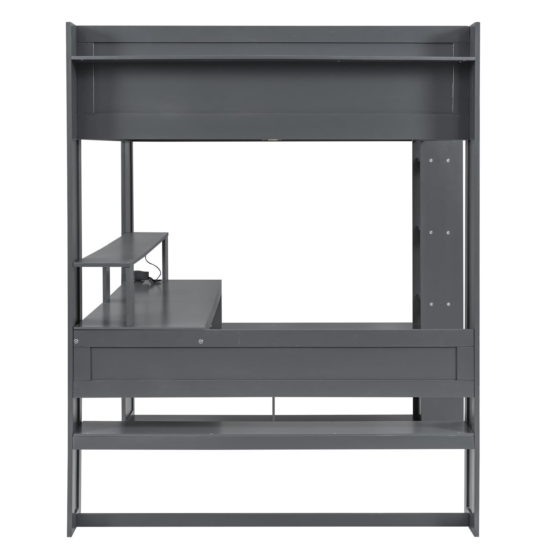 HZXINKEDZSW Full Size Wood Gaming Loft Bed with Desk, Storage Shelves, LED Lights, and Charging Station in Grey - WoodArtSupply