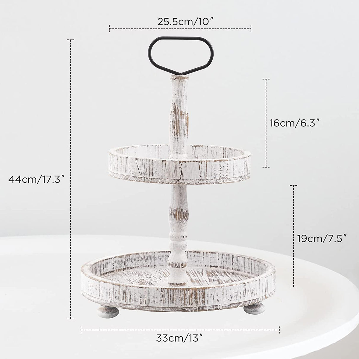 Farmhouse Two Tiered Wooden Tray Stand, UBTKEY 2 Tier Wood Round Decorative Tray with Metal Handle for Home Kitchen Seasonal Holiday Decorations, 17"x13" (Distressed White) UBTKEY