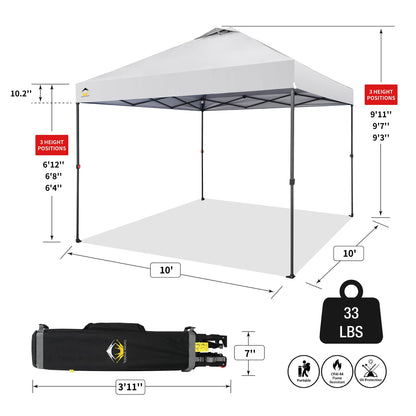 CROWN SHADES 10x10 Pop Up Canopy - Beach Tent with One Push Setup - Outdoor Canopy Tent with STO-N-Go Cover Bag for Events, Parties, Silver Coated Top, 3 Height & 4 Sand Bags, White