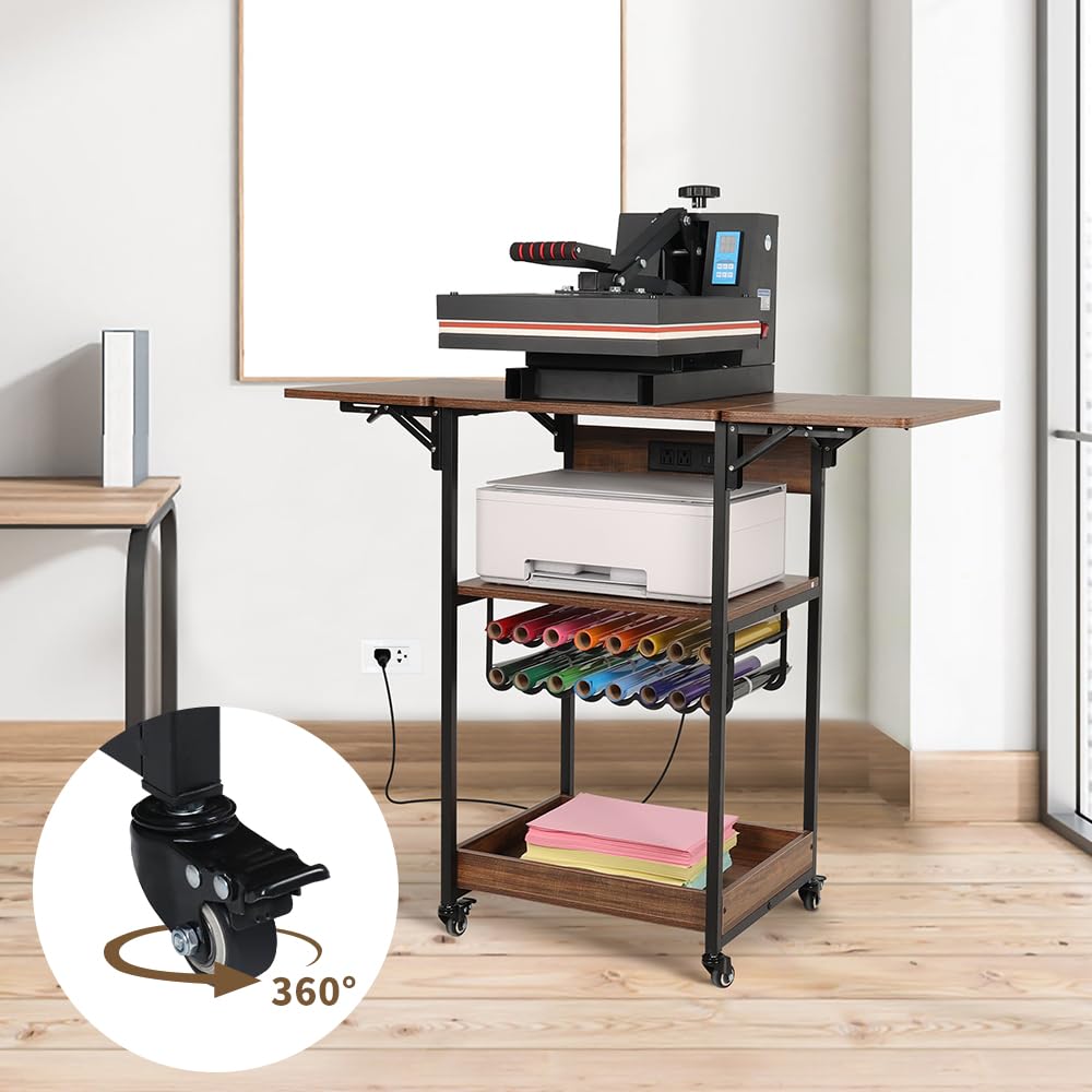 Kokorona Heat Press Table Stand with Vinyl Roll Holder & Charging Station, 3 Tier Heavy Duty Heat Transfer Machine Stand for Sublimation Print, Movable Rolling Metal Workbench with Folding Shelf Kokorona