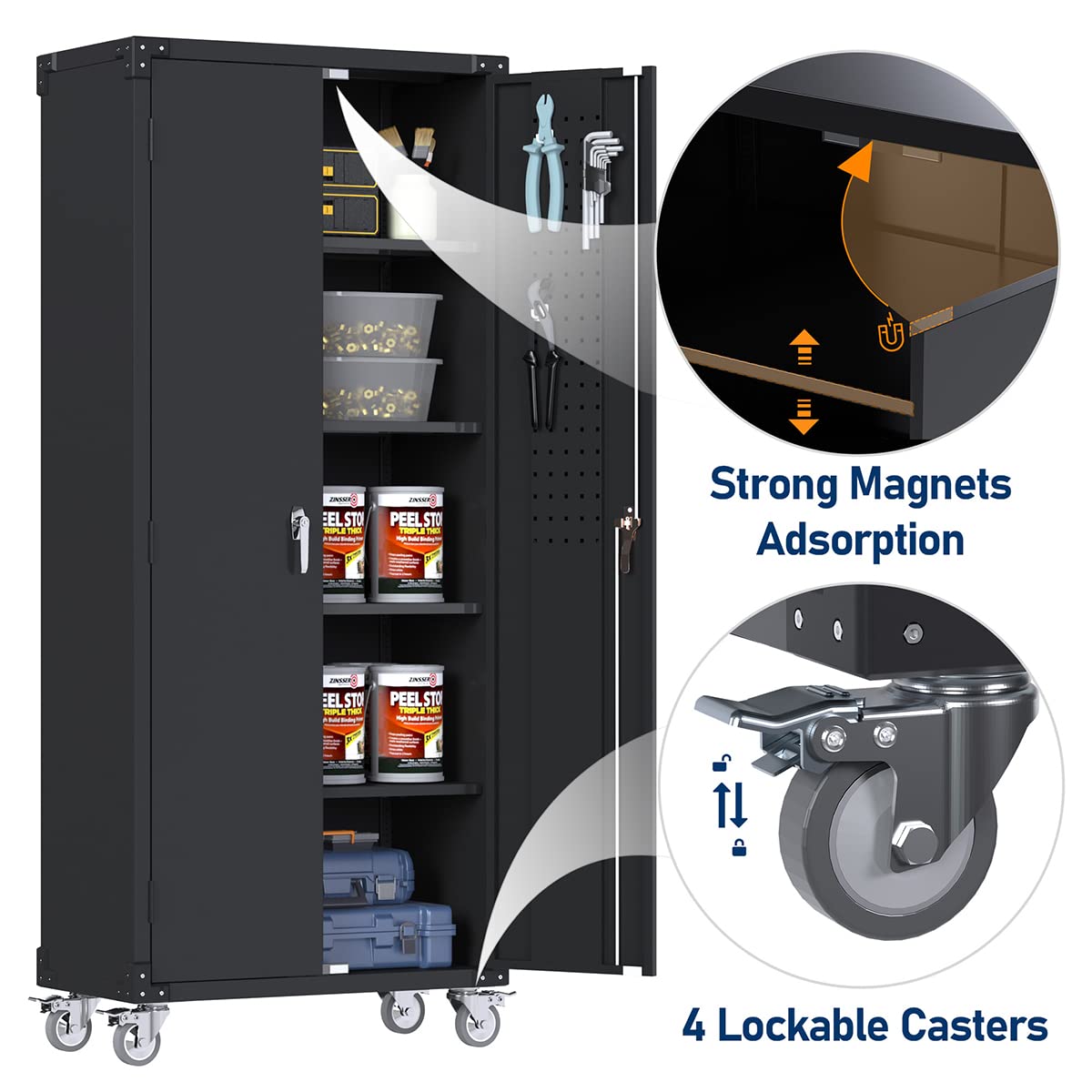 GangMei Garage Storage Cabinet with Wheels & Pegboard, 72" H Locking Metal Storage Cabinet with Doors and Shelves, Rolling Steel Cabinet for Garage, Craft Workshop, Home (Black) GangMei