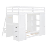 CITYLIGHT Twin Over Twin Bunk Beds with Storage,Desk,USB Ports and LED Light,Wood Twin Loft Bed with Movable Lower Bed,L Shaped Bunk Bed for Kids,Teens,Adults,No Box Spring Needed (White) CITYLIGHT