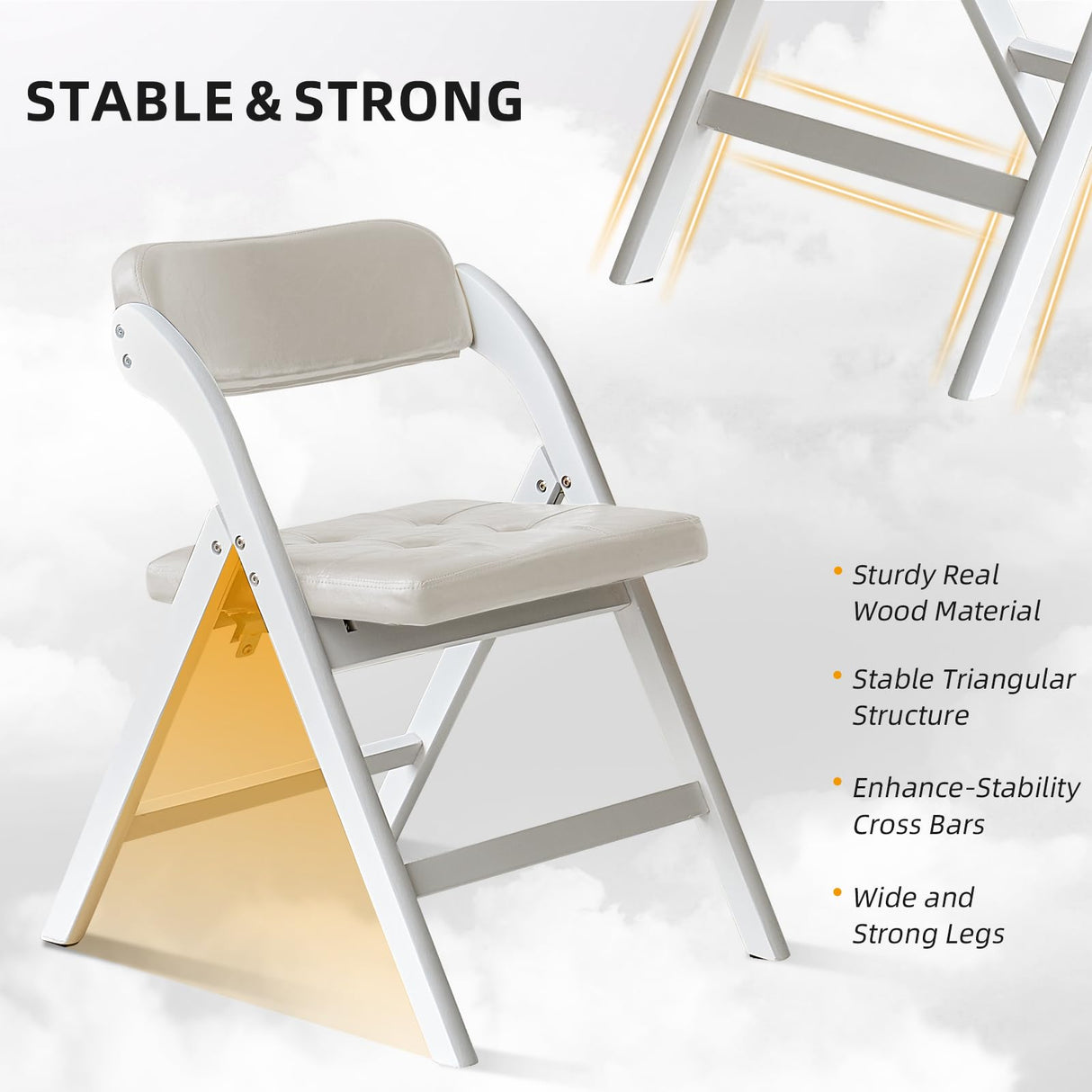 Asnefeli Wood Folding Chairs with Padded Seats, Wooden Folding Chairs Set of 2, Foldable Dining Chair with Cushion, Stackable Extra Chair for Indoor Outside Events, Party, Wedding (White Gray) Asnefeli