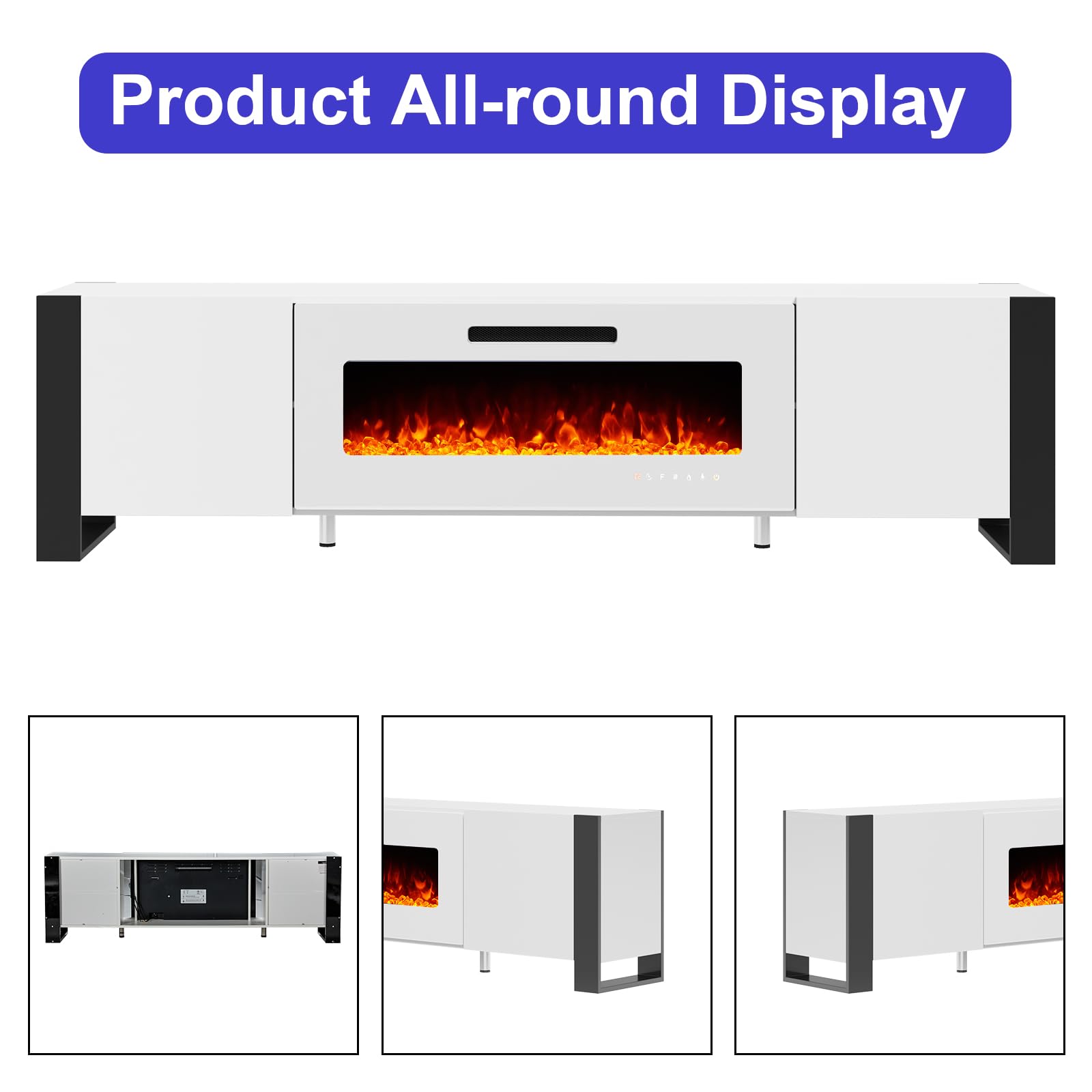 LUXOAK U-Shaped Legs 70" Fireplace TV Stand, Mirrored Finish Media Console with 36" Electric Fireplace, Modern LED Lights Storage Entertainment Center for TVs Up to 80", All White - WoodArtSupply