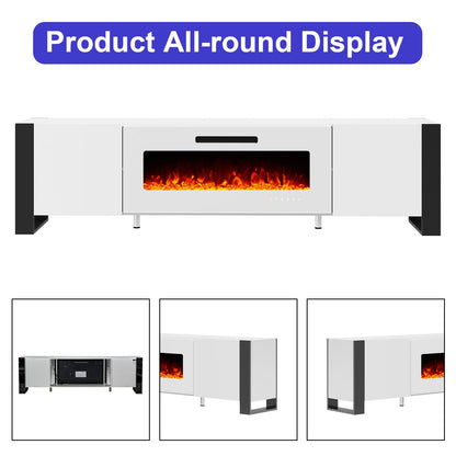 LUXOAK U-Shaped Legs 70" Fireplace TV Stand, Mirrored Finish Media Console with 36" Electric Fireplace, Modern LED Lights Storage Entertainment Center for TVs Up to 80", All White - WoodArtSupply