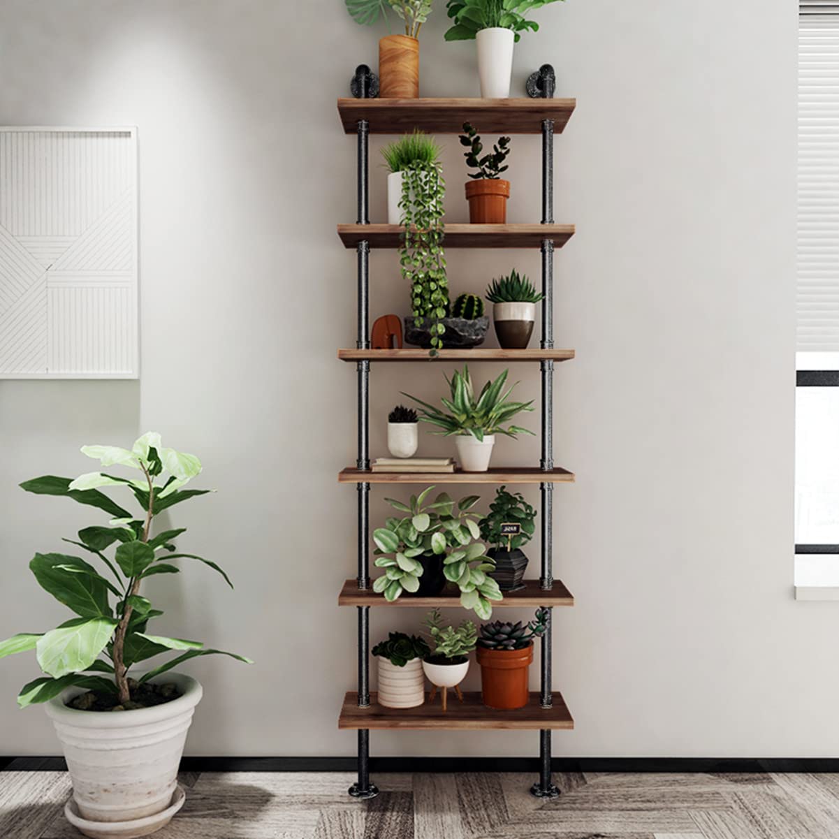Industrial Pipe Bookshelves Rustic Wall Ladder Bookshelf Display Storage Stand Shelf Bookcase for Living Room, Kitchen, Office (6 Tier) TIEOU