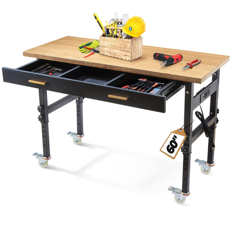 60" Work Bench with Drawers Storage, Adjustable Workbench for Garage with Wheels, Power Outlets, Bamboo Wood Top Workbench Work Table for Garage, Home BMJX US