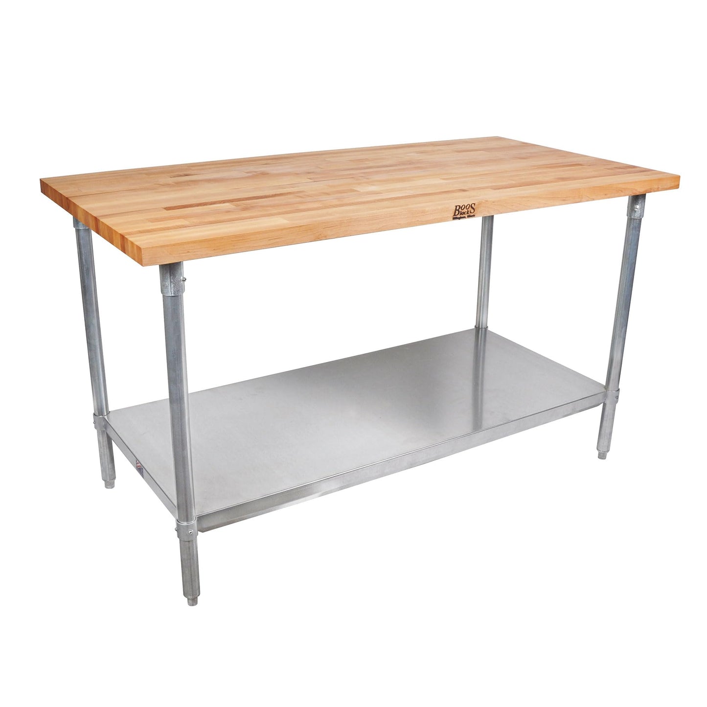 John Boos Maple Wood Counter Top Cutting Board Work Table Island with Adjustable Lower Shelf, 60 x 30 x 1.5 Inch, Galvanized Steel - WoodArtSupply