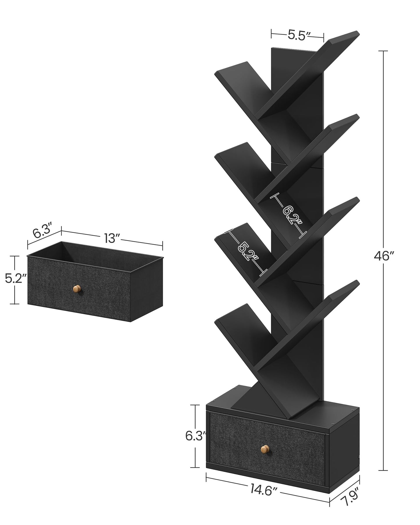 Yzosvki 9 Tier Tree Book Shelf with Drawer, Floor Standing Bookshelf Storage Organizer Bookshelves for Books/CDs, 9 Shelf Narrow Bookcase for Sturdy Room, Bedroom, Living Room, Black