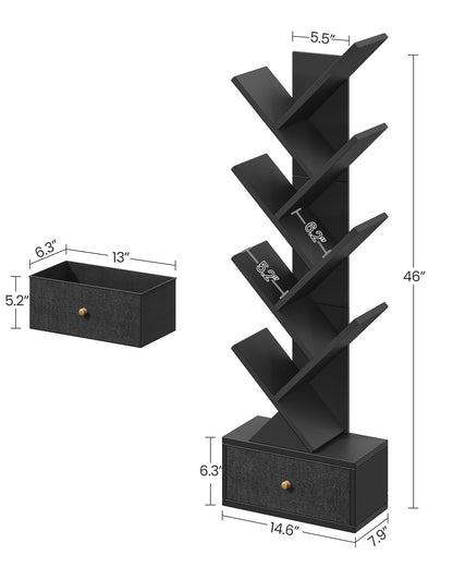 Yzosvki 9 Tier Tree Book Shelf with Drawer, Floor Standing Bookshelf Storage Organizer Bookshelves for Books/CDs, 9 Shelf Narrow Bookcase for Sturdy Room, Bedroom, Living Room, Black