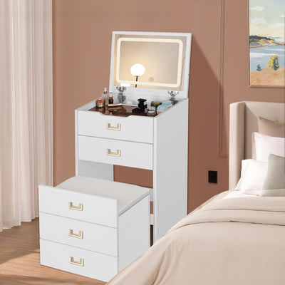 HVCBOSS 3 in 1 Vanity Desk with Flip Top Mirror, Compact Makeup Vanity with Visible Glass Desktop, Storage Drawers, and Cushioned Stool Dressing Table for Bedroom