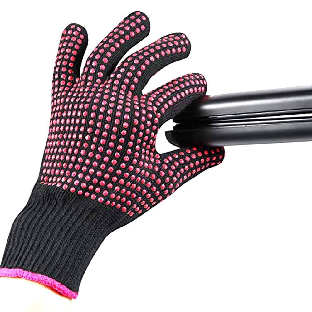 AFT90 2 Pcs Professional Heat Resistant Glove for Hair Styling Heat Blocking Gloves for Curling, Flat Iron and Hair Styling Tools, Silicone Bump, Pink Edge AFT90