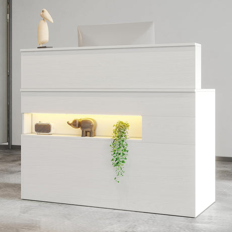 VOWNER Reception Desk with LED Lights and Power Outlets, Retail Counter Reception Counter Table with Drawers, for Salon Lobby Checkout Office, White (47.2" W x 18.7" D x 39.4" H) VOWNER