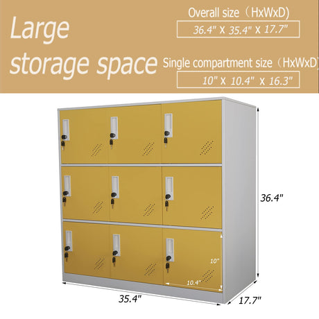 Reccmeny 9 Doors Metal Locker Girls Bedroom and Playroom Storage for Bags,Toys and Book, Office Cabinet Locker for Employee (Yellow) Reccmeny
