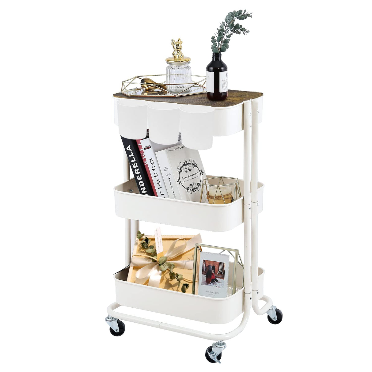 3-Tier Metal Utility Rolling Cart Storage Side End Table with Cover Board for Office Home Kitchen Organization, Cream White Melody House