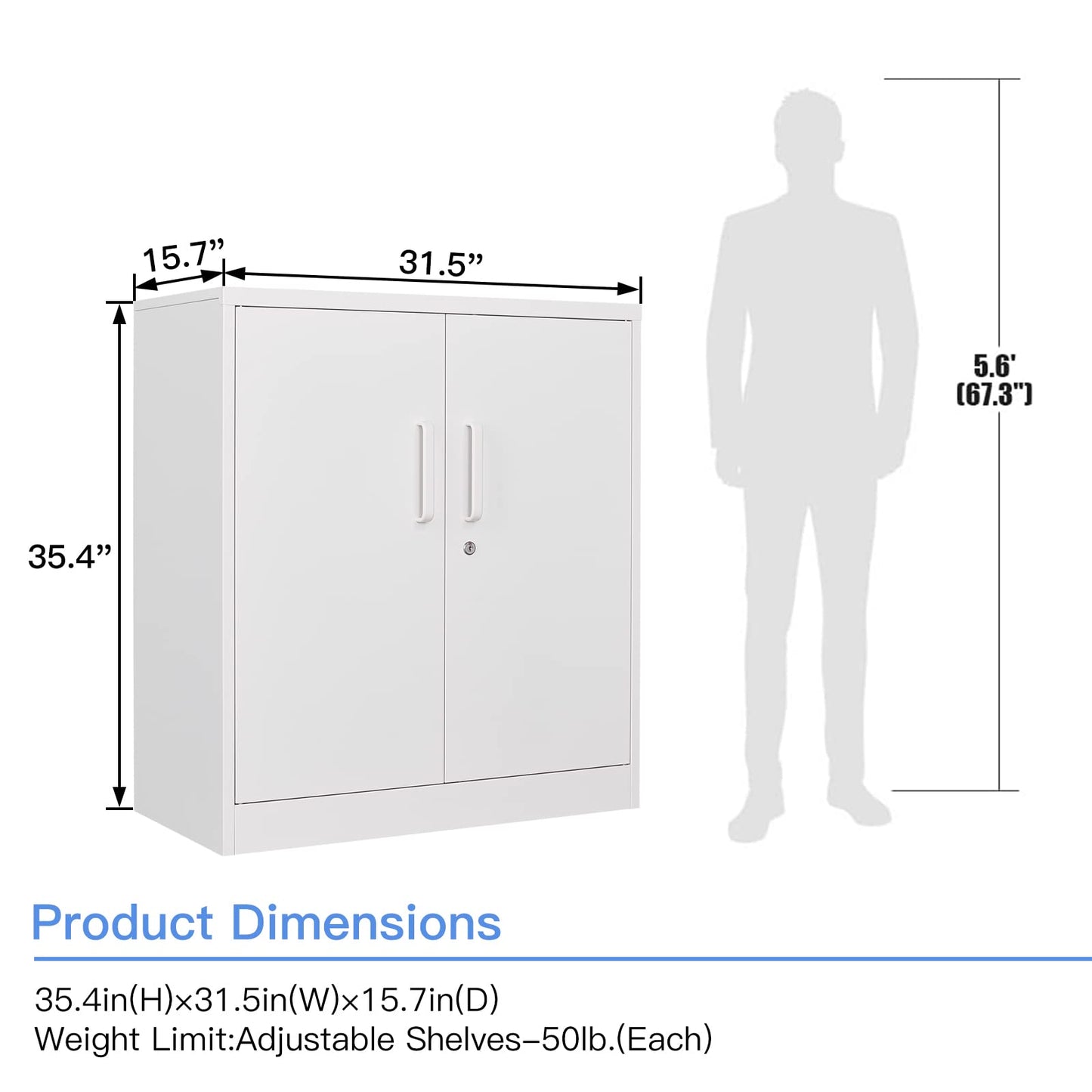 Yizosh Metal Garage Storage Cabinet with 2 Doors and 2 Adjustable Shelves - 35.5" Steel Lockable File Cabinet,Locking Counter Cabinet for Home Office,Garage,Gym,School (White)