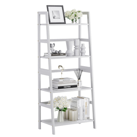 HITNET Ladder Shelf, 4 Tier Bookshelf, Floor Standing Bathroom Storage Rack with Bamboo Frame, Home Office Open Display Bookcase, White HITNET