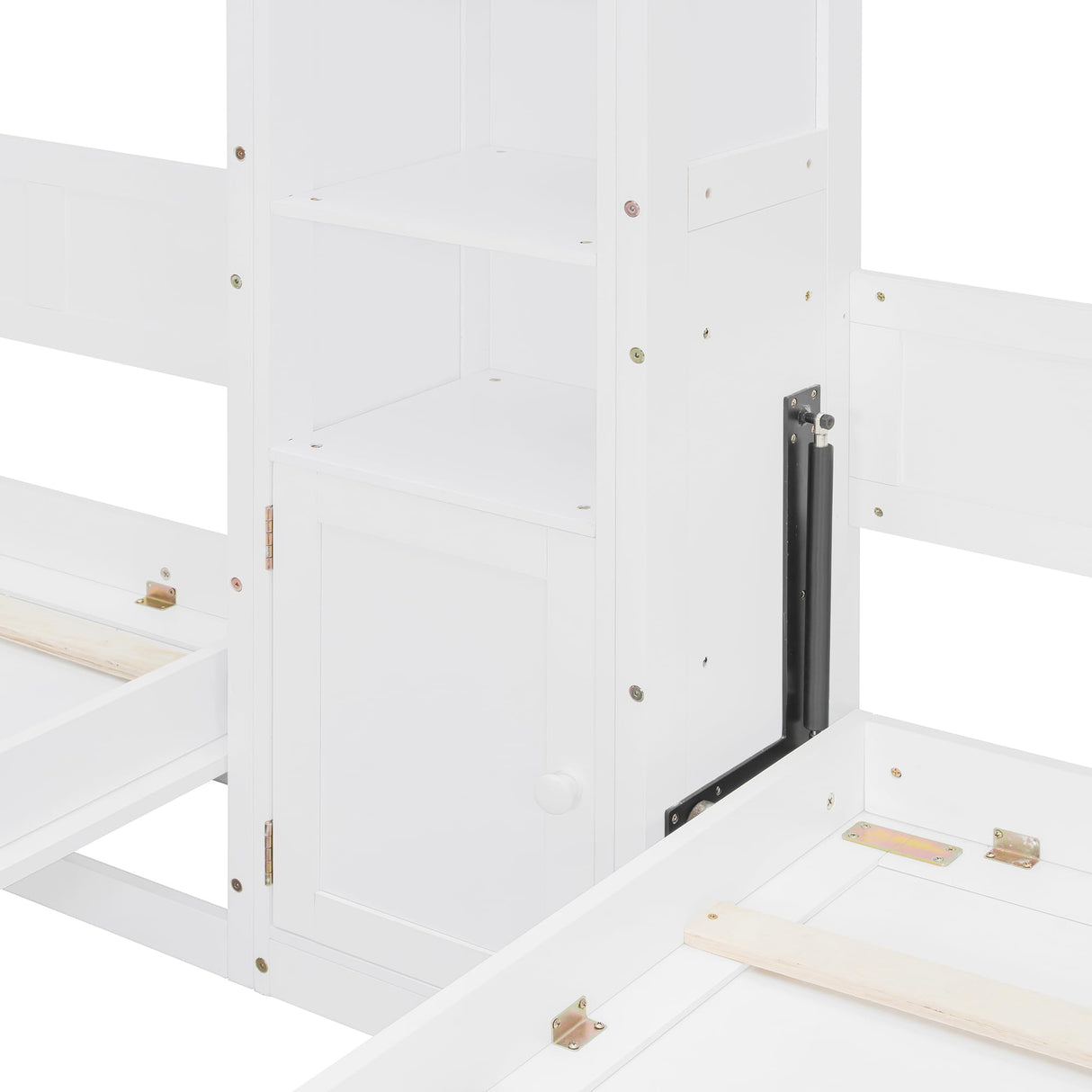 SOFTSEA Twin and Twin Size Dual Murphy Bed with Cabinets and Shelves, Hideaway Platform Bed Frame with 2 Cabinets, 2 in 1 Design, for Home Guest Room, White SOFTSEA